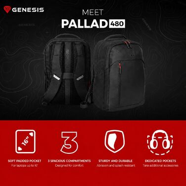 Рюкзак для ноутбука Genesis Pallad 550, 17.3 дюйма, 24 л, 19 кишень, чорний