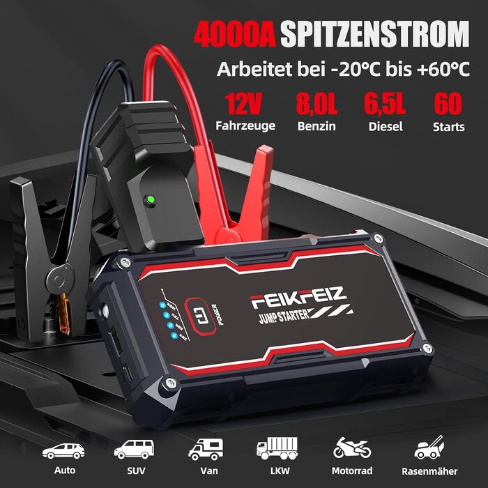 Бустер для автомобіля FEIKFEIZ Auto Starthilfe Powerbank 6000A, 26800mAh, пусковий пристрій для 12V акумуляторів (бензин та дизель до 8.0L) з USB-портом та LED-ліхтарем