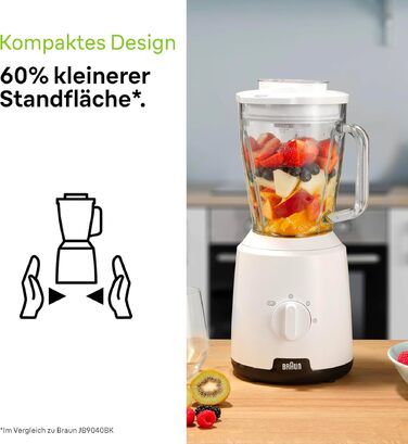 Блендер Braun PowerBlend 1 JB1050WH білий - скляна колба 1.5л, 600 Вт, подрібнювач, для смузі та льоду
