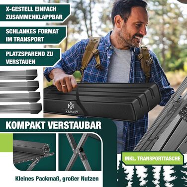 Складаний столик KESSER® для кемпінгу з алюмінієвим каркасом, регульована висота 90x53 см, до 100 кг, з сумкою та сітчастою кишенею (145x70 см, антрацит)