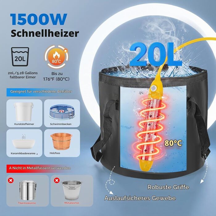Портативний кемпінговий душ з помпою, акумулятором 8000mAh, підігрівом води та складаним відром 20Л, IPX7 водонепроникний