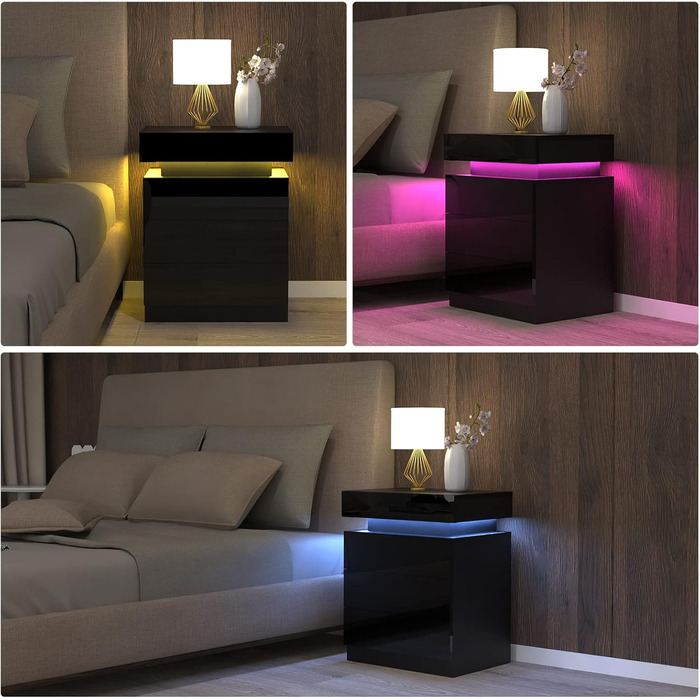 Сучасна тумба приліжкова HaodaCulture з LED-підсвіткою, 2 шухляди, чорна, 16 кольорів, для спальні, вітальні, робочого кабінету, 45x35x52 см, з відкидною кришкою