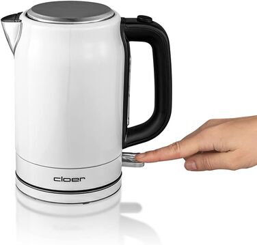Електрочайник Cloer 4521 з нержавіючої сталі, 2200 Вт, 1,7 л, білий, індикатор рівня води, захист від перегріву