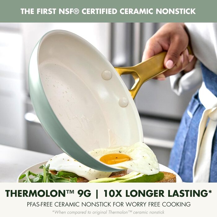 Набір антипригарних сковорідок GreenPan з керамічним покриттям (25,4 см та 30,5 см), без PFAS, з ручками з нержавіючої сталі, підходять для духовки та посудомийки, колір Моховий зелений