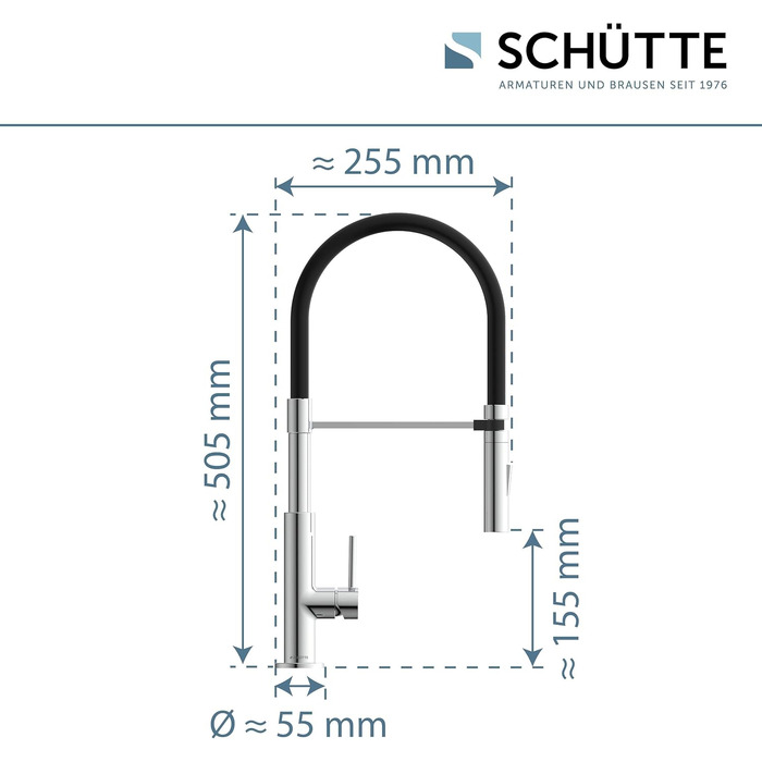 Змішувач кухонний Schütte 23138 з гнучким шлангом Soft Touch, поворотний на 360°, нержавіюча сталь/чорний