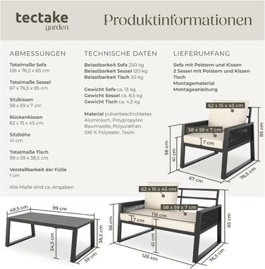 Набір садово-розкішних меблів tectake® з ротангу для саду/балкону: 2 крісла, диван, стіл, подушки, 4 місця, вологостійкі