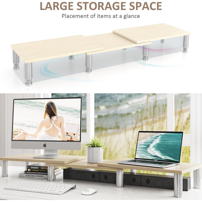 Підставка для двох моніторів AX Waber Dual Monitor Riser, регульована довжина та кут нахилу, дерев'яна підставка з місцем для зберігання, біла