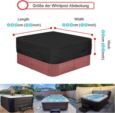 Водонепроникний чохол для гідромасажного джакузі Whirlpool 600D, захисна кришка для спа-ванни від снігу, вітру та UV-променів, чорний (200x200x85 см, прямокутний)