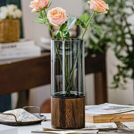 Скляна ваза-циліндр Blumenvase, сучасна, ручної роботи, прозора, з дерев'яною основою, для квітів і рослин, декор для дому та офісу, подарунок на весілля чи новосілля, 31 см, сіра