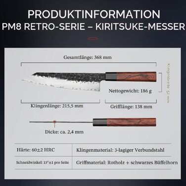 Професійний японський ніж Kiritsuke HEZHEN (21,5 см), кухонний ніж із 3-шарової дамаської сталі з восьмигранною ручкою з червоного дерева та дерев'яним чохлом, набір 2 шт.