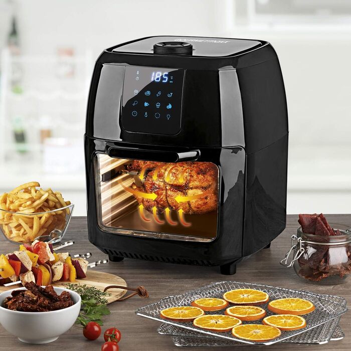 GOURMETmaxx цифрова аерофритюрниця XXL 9 л, 1800 Вт, чорна — електрична повітряна фритюрниця з таймером, сенсорним дисплеєм, 8 програмами, вертелом і шампурами для шашлику, для здорового та енергоощадного приготування