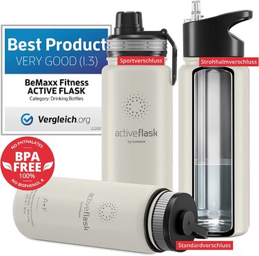 Термобутилка з нержавіючої сталі ACTIVE FLASK 530 мл з соломинкою, 3 кришки, BPA-free, герметична, підходить для газованої води, кремово-біла, для води, спорту, велосипеда, чаю, для дітей