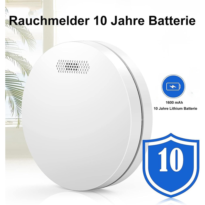 Датчик диму Rauchmelder з батареєю на 10 років, плоский, сертифікат TÜV Rheinland, функція вимкнення звуку, гучний сигнал 85dB, автономний, чутливий, білий (набір 6 шт.)