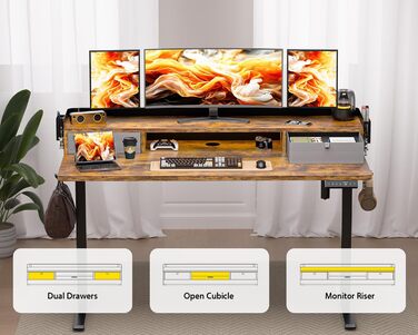 Електричний стіл WALKINGDESK з регулюванням висоти, 2 шухляди, 121,9x61 см, ергономічний робочий стіл для дому, з полицею, тримачем для ручок, гачком, рустикальний коричневий