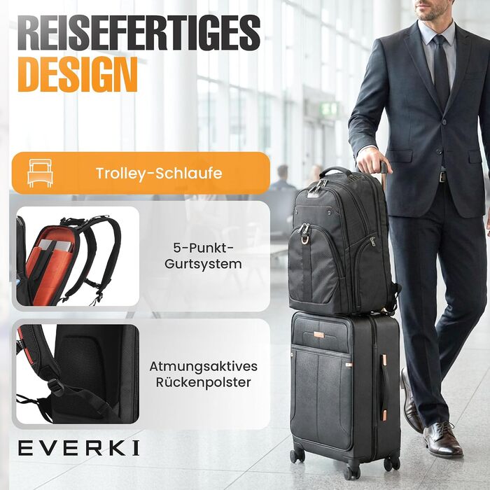 Бізнес-рюкзак для ноутбука Everki Atlas 32L (13–17.3 дюймів) ергономічний дорожній рюкзак з регульованим відділенням, чорний