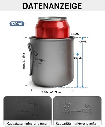 Титанова чашка для кемпінгу COOK'N'ESCAPE Titan Becher 300 мл з кришкою та складною ручкою - легка, міцна, жаростійка для туризму, пікніка