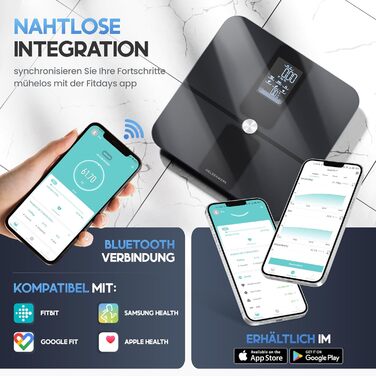 HELDENWERK Розумна вага-аналізатор тіла з Bluetooth, 180 кг, вимірювання жиру, ІМТ, м’язової маси, білка, BMR, з додатком, темно-синя (дизайн Elegance)