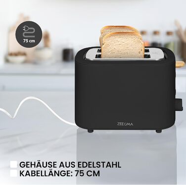 Тостер ZEEGMA TOSTEE на 2 скибки, 820 Вт, режим розморожування, підігріву та зупинки, з лотком для крихт, таймером, корпус з нержавіючої сталі, чорний