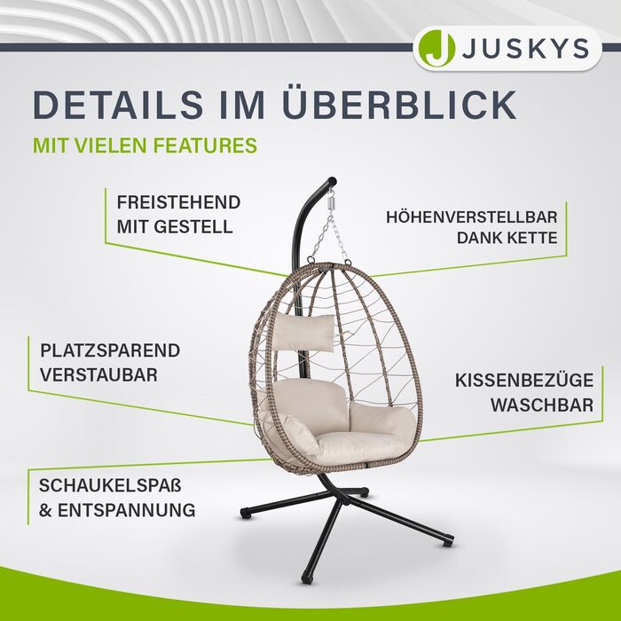 Підвісне крісло Juskys Aria з регульованою висотою, складане, ергономічне, для вулиці та дому, до 130 кг, з поліротангу, з подушкою, бежеве
