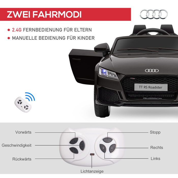 Електромобіль Kinder Audi з пультом дистанційного керування 2.4G, музикою, звуком клаксона, LED-підсвічуванням, USB-роз'ємом, для дітей 3-5 років, чорного кольору.