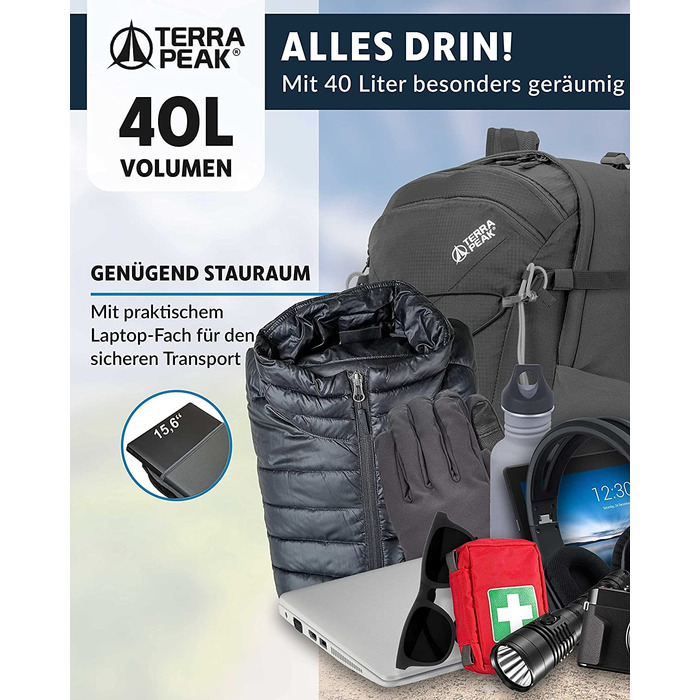 Туристичний рюкзак Terra Peak Flex 40 л сірий – преміум, вентиляція спини, чохол від дощу, кріплення для питної системи, 3D Air Mesh, трекінговий рюкзак з поясом