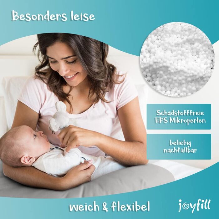 Подушка для годування Joyfill® Premium з мікроперлин - для сну та годування, м'яка та тиха, для сну на боці, 100% Made in Germany, сірий колір