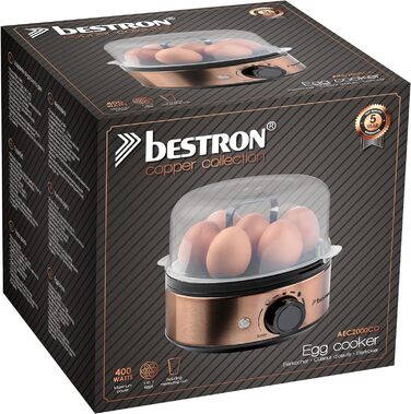 Електрична яйцеварка Bestron на 7 яєць, з акустичним сигналом, захистом від перегріву, регулюванням ступеня приготування, мірним стаканом і голкою, чорна/мідна