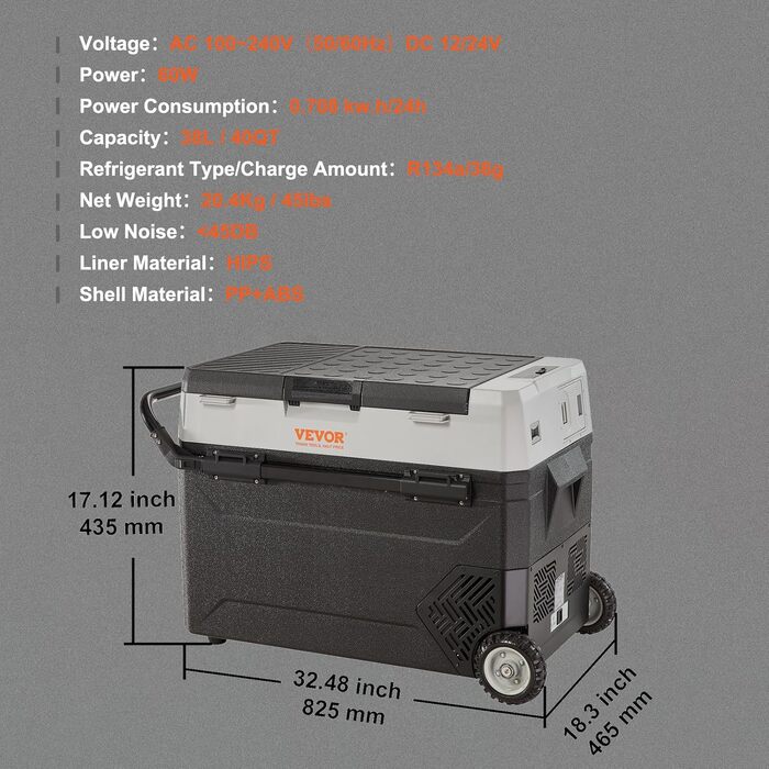 Автомобільний кемпінговий холодильник-морозильник VEVOR 53Л, електрична двозонна термобокс 12/24В з компресором та колесами, портативний холодильник для авто, вантажівок та човнів, сірий
