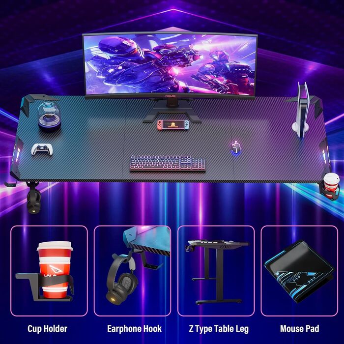 Ігровий стіл Himimi 160x70 см з LED підсвічуванням, стіл для ПК з карбоновою поверхнею, стіл геймера з органайзером для кабелів, тримачем для напоїв та гачком для навушників (Чорний)