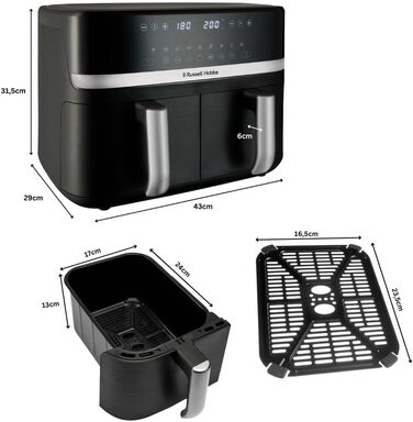 Аерофритюрниця Russell Hobbs SatisFry 9 л, 2 камери, 9 програм, тиха, без олії, посудомийна, до 200°C, функція підтримки тепла