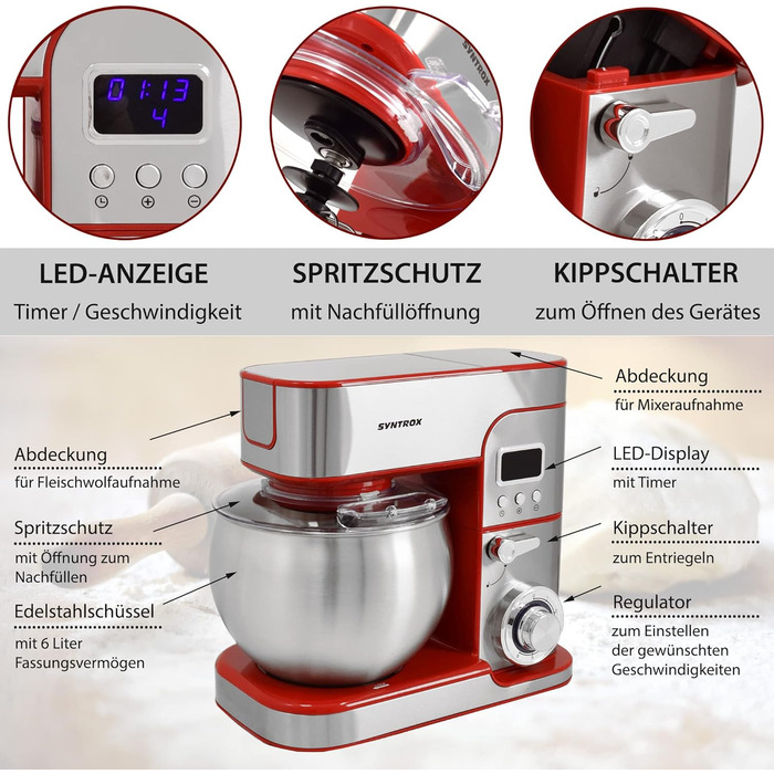 Кухонна машина Syntrox KM-1300W de Luxe Marseille, міксер і тістоміс, 6 л, нержавіюча сталь, чорна (червона)