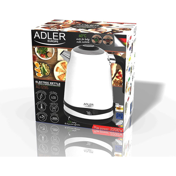 Електрочайник Adler AD 1295W, 1,7 л, нерж. сталь, білий сатин, LCD-дисплей, регулювання температури