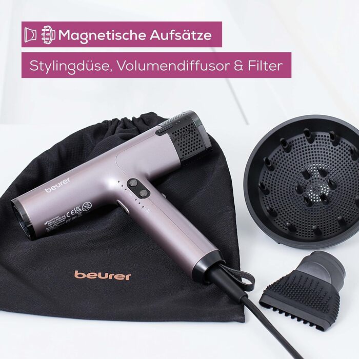 Фен Beurer HC 100 Excellence з потужним цифровим мотором, іонізацією, швидким сушінням до 20% швидше, тихий, легкий, з дифузором для об'єму, преміум для блискучого волосся