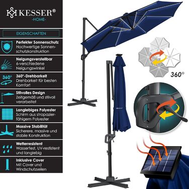 Сонячна парасолька KESSER XL 330 см з LED-підсвічуванням, сонячною батареєю, чохлом, вітрозахистом, 7-позиційним регулюванням, нахилом, обертанням 360°, для саду, з ручкою, захист від UV50+, темно-синя