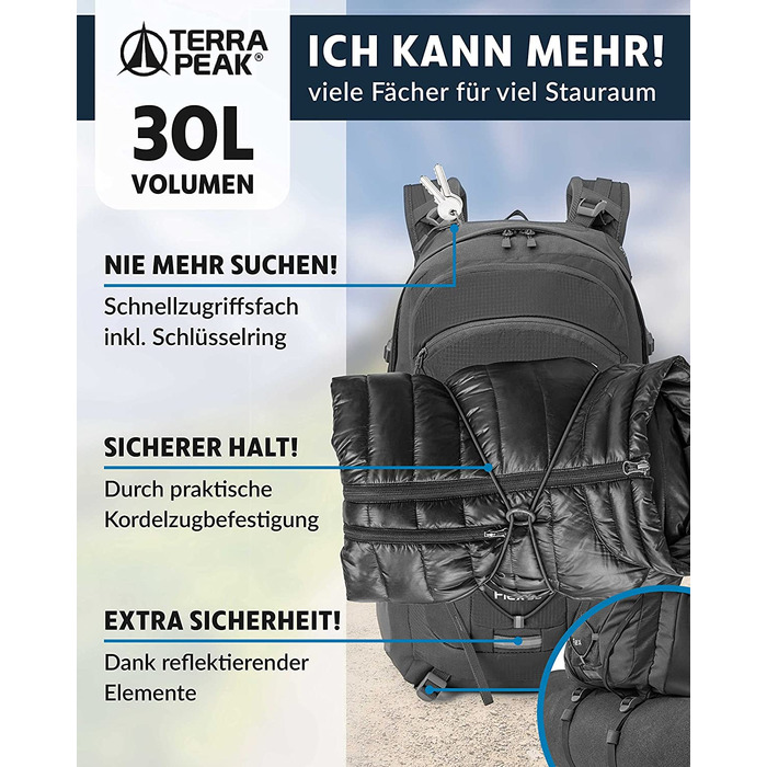 Туристичний рюкзак Terra Peak Flex 30L з вентиляцією спини, регочохлом і тримачем для питної системи – середній трекінговий рюкзак із 3D Air Mesh для походів, з поясним ременем