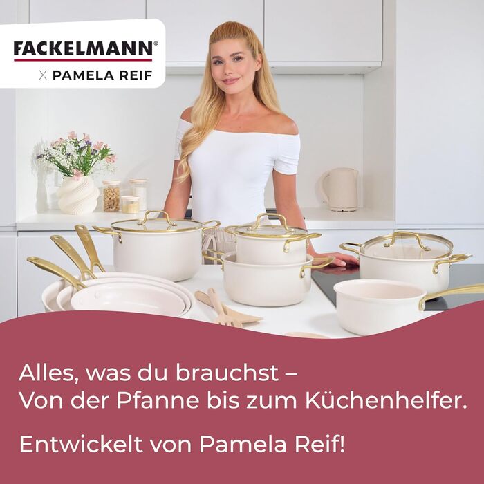 Набір сковорідок Fackelmann x Pamela Reif 3 шт. (20, 24, 28 см) – з переробленого алюмінію, бежевий, керамічне покриття без PFAS, стійке до 160°C, для всіх типів плит
