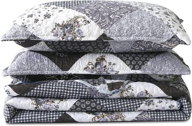 Покривало WONGS BEDDING 220x240 см, стьобане, мікрофібра, патчворк, з 2 наволочками 48x75 см, квітковий візерунок, чорний/сірий