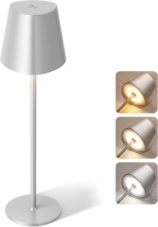 Бездротова LED настільна лампа PreeOtti, диміруєма, 3 кольори, сенсорна, акумуляторна, USB-C, для вулиці, тумбочки, столу, кемпінгу, сріблясто-сіра