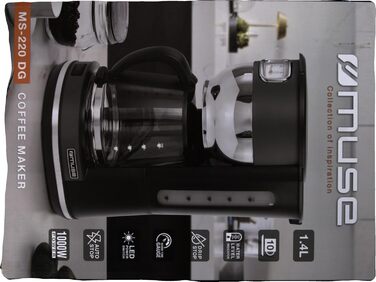 Кавоварка MUSE MS-220 DG з глечиком, 10 чашок, з функцією підігріву, скляна каністра, нержавіюча сталь, сіра