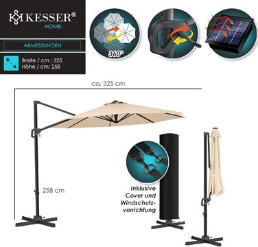 Парасолька для саду KESSER SUN XL 330 см, кругла, беж, з чохлом, 7-позиційна, нахил, 360° обертання, з вітрозахистом, ручка, UV50+