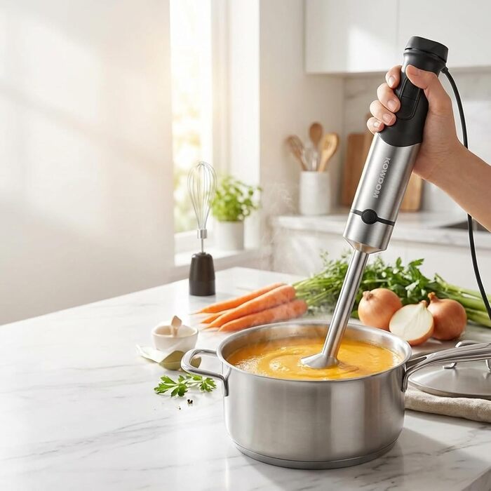 Занурювальний блендер 6-в-1 Stabmixer 1200W зі сталевою ніжкою, регулюванням швидкості та турборежимом, з подрібнювачем (600мл) та спінювачем молока, білий