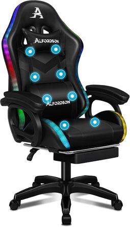 Ігрове крісло ALFORDSON з 8-точковим масажем, RGB LED підсвіткою, ергономічне, з підніжкою, підголівником і поперековою подушкою, для дітей та дорослих, чорне