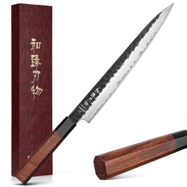 Професійний японський ніж Kiritsuke HEZHEN 21,5 см, кухонний ніж із тришарової дамаської сталі з восьмигранною ручкою з червоного дерева та дерев'яним чохлом