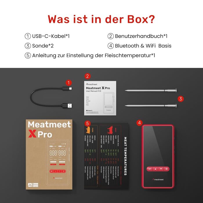 Smart термометр для м'яса Meatmeet X Pro з Bluetooth та Wi-Fi, 2 зонди, 6 сенсорів, нержавіюча сталь, IP69, до 582°C, для гриля, духовки, фритюрниці