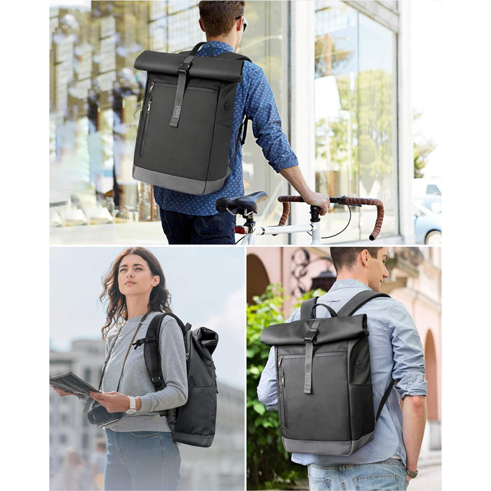 Рюкзак Inateck RollTop 25-30 л, чорний, для чоловіків і жінок, велосипедний, міський, для ноутбука 17