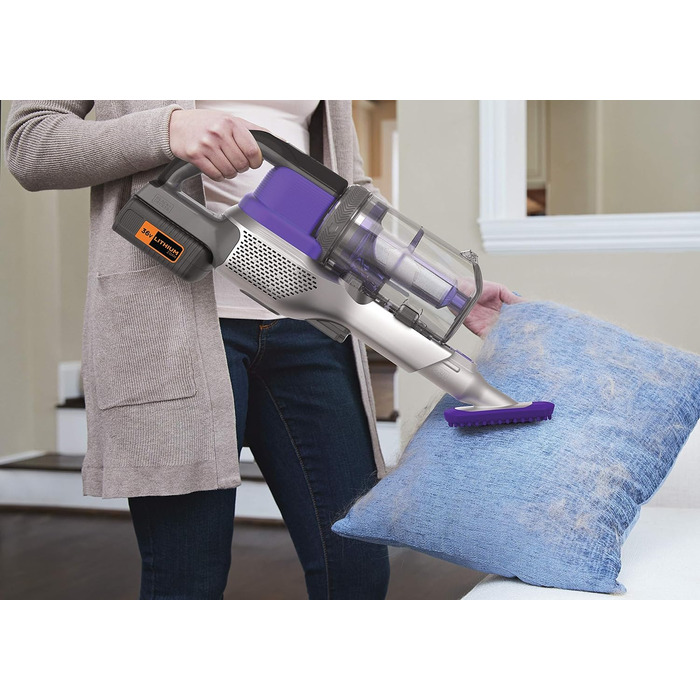 Акумуляторний пилосос BLACK+DECKER 4в1 для дому та тварин, 36В, 2.0А·год, без мішка, з електрощіткою для шерсті, 2в1 щілинна насадка, настінне кріплення, сріблясто-фіолетовий