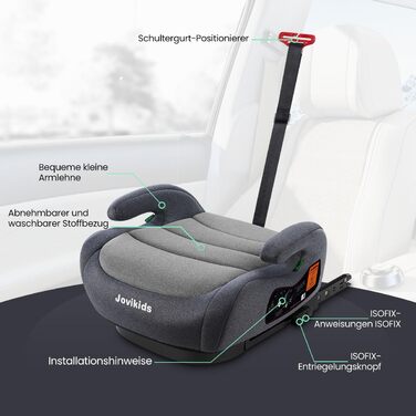Дитяча автокрісло-підставка Jovikids ISOFIX, група 2/3, ECE R129, для дітей 15-36 кг, товстий знімний чохол, легко прати, сірий