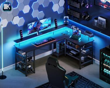 Ігровий кутовий стіл ODK з LED-підсвіткою та USB-портом, 168×120 см, чорний вугіль (карбон)