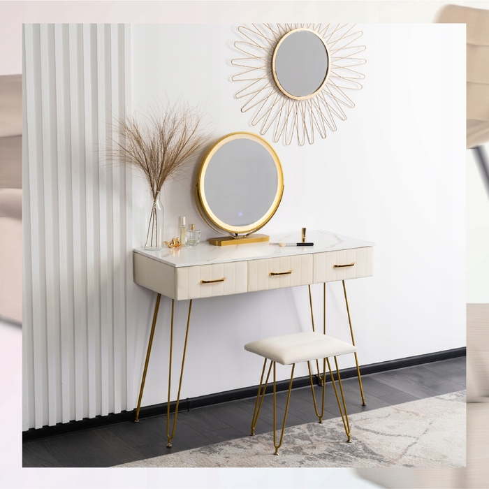 Туалетний столик Mebel Elite, колір крем, золотий хром, 104 x 77 x 41 см