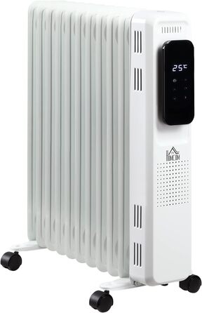 Електричний масляний радіатор HOMCOM 2500 Вт, 11 секцій, 3 режими, таймер, переносний, сталевий, білий, на колесах
